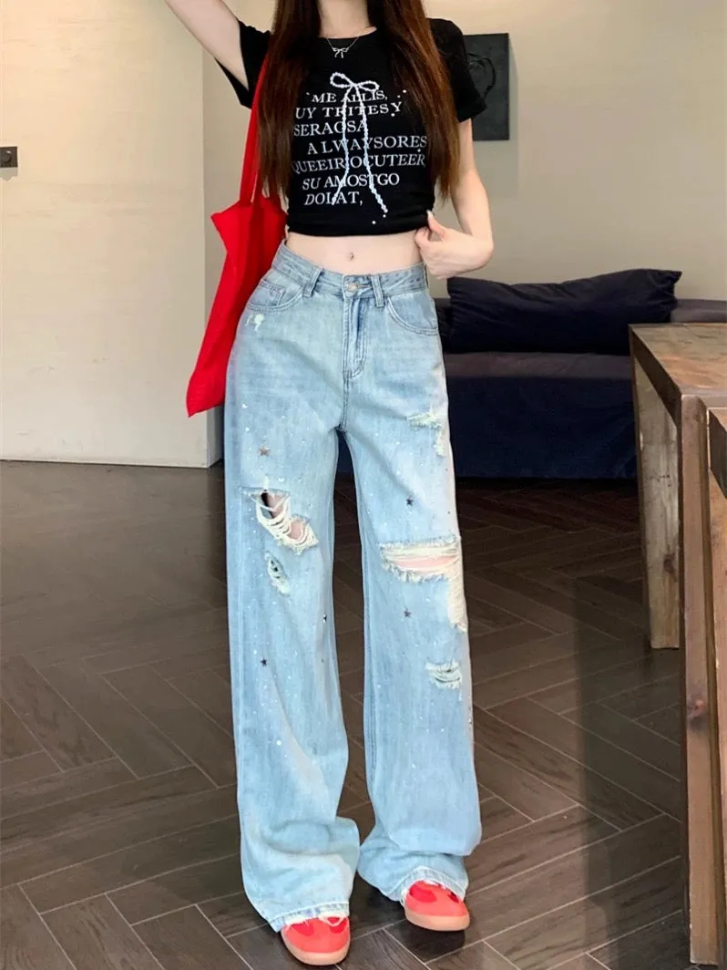 PPHOME High Street Sweet and Cool~American Hot Girl Hot Drilled Hole Jeans Women Tall Trousers Straight Leg Wide Leg Pants