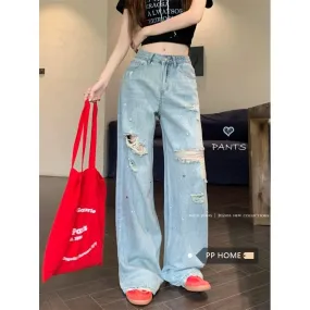 PPHOME High Street Sweet and Cool~American Hot Girl Hot Drilled Hole Jeans Women Tall Trousers Straight Leg Wide Leg Pants