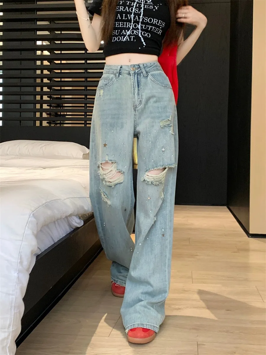 PPHOME High Street Sweet and Cool~American Hot Girl Hot Drilled Hole Jeans Women Tall Trousers Straight Leg Wide Leg Pants