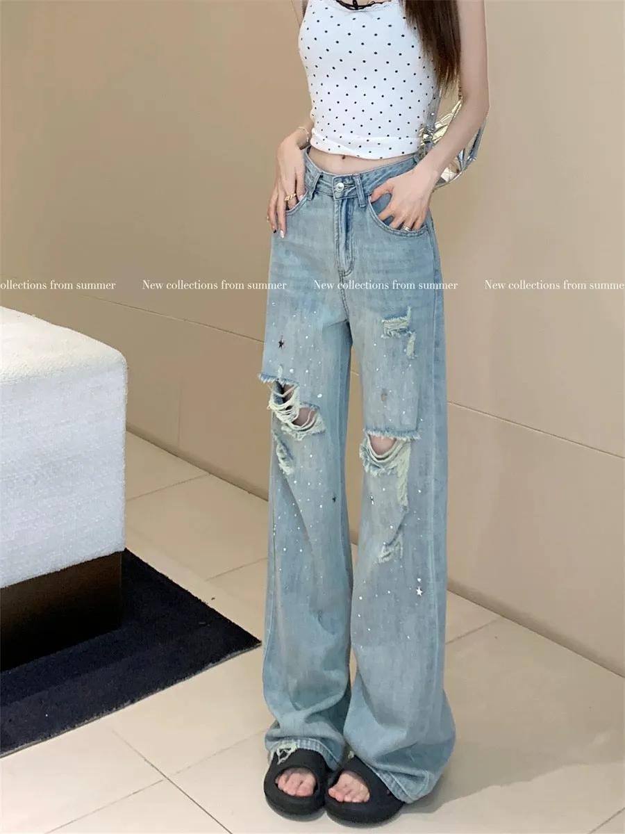 PPHOME High Street Sweet and Cool~American Hot Girl Hot Drilled Hole Jeans Women Tall Trousers Straight Leg Wide Leg Pants