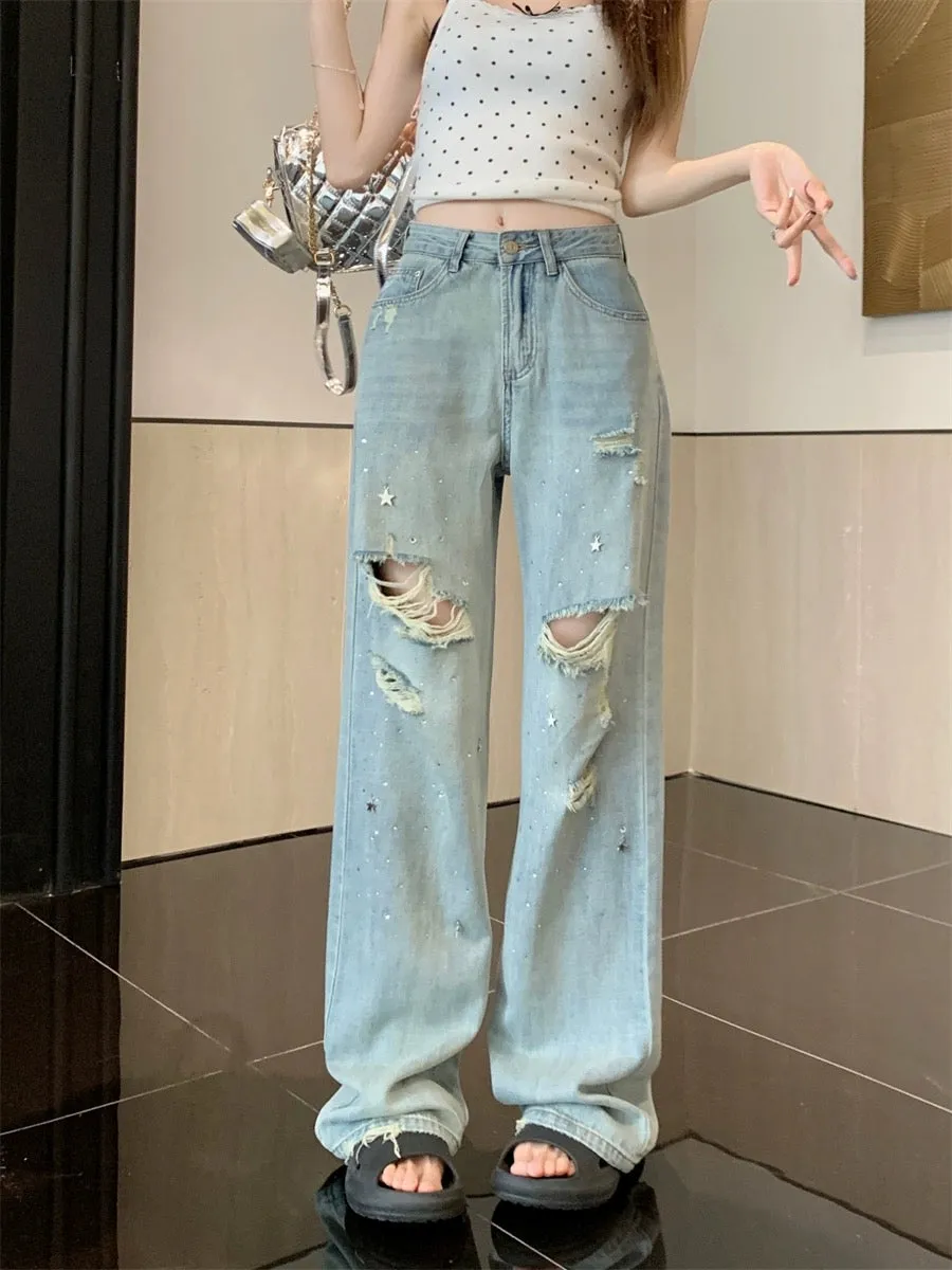 PPHOME High Street Sweet and Cool~American Hot Girl Hot Drilled Hole Jeans Women Tall Trousers Straight Leg Wide Leg Pants