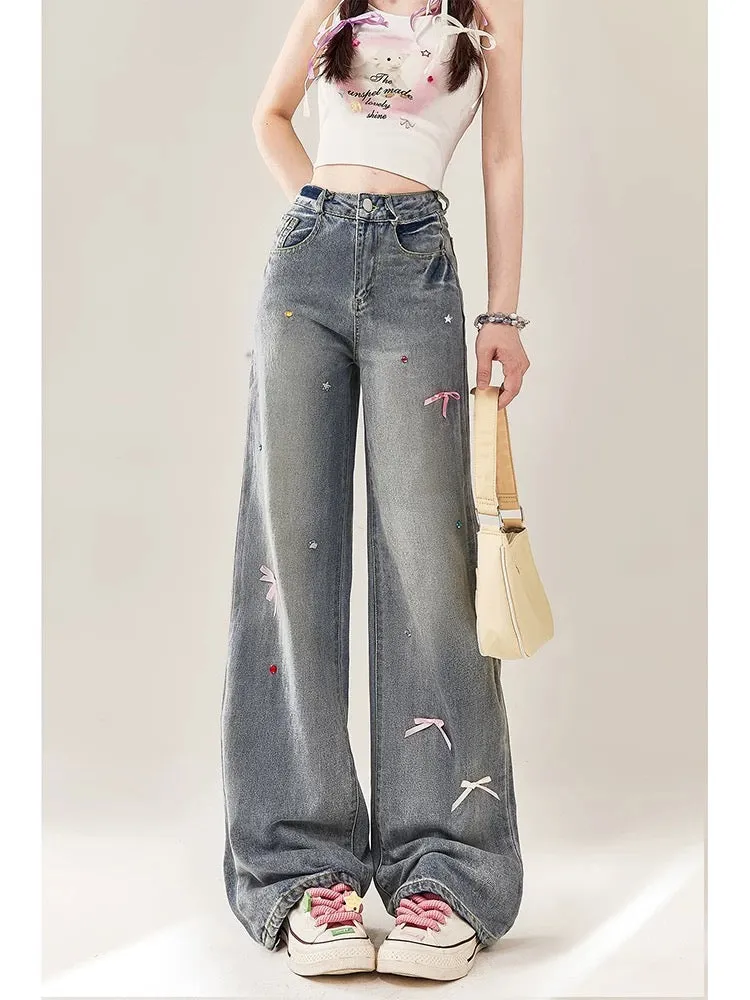 Retro bow straight-leg jeans for women in summer thin American-style small high-waisted wide-leg loose slimming pants