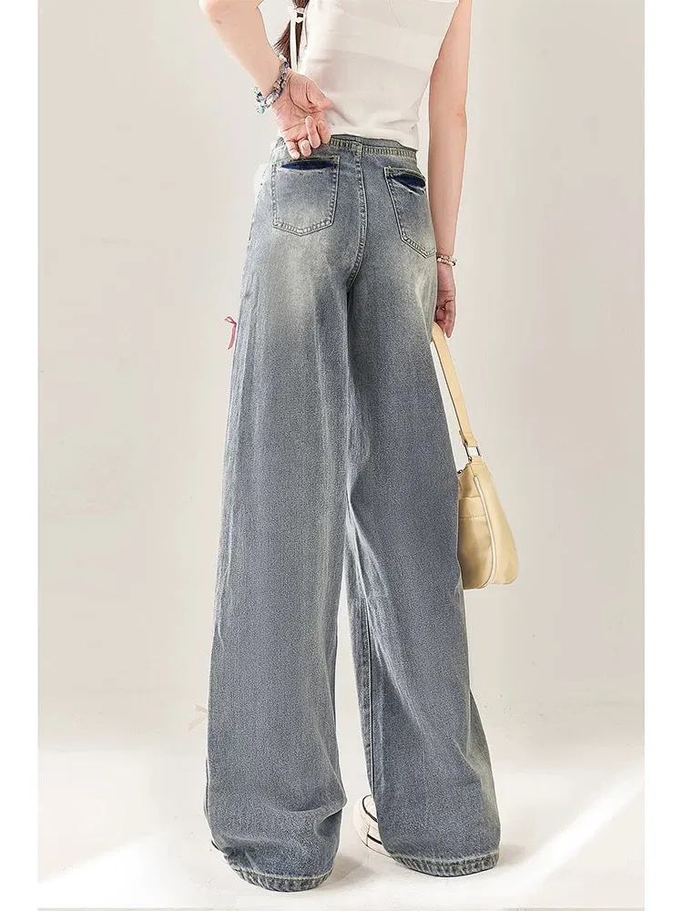 Retro bow straight-leg jeans for women in summer thin American-style small high-waisted wide-leg loose slimming pants