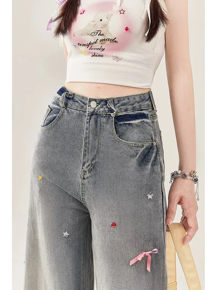 Retro bow straight-leg jeans for women in summer thin American-style small high-waisted wide-leg loose slimming pants