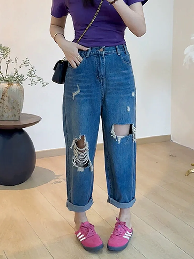 Ripped harem jeans for women in summer, thin, loose, slimming, large size, fat MM, pear-shaped body, versatile dad pants