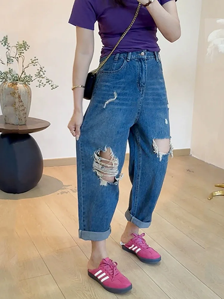 Ripped harem jeans for women in summer, thin, loose, slimming, large size, fat MM, pear-shaped body, versatile dad pants