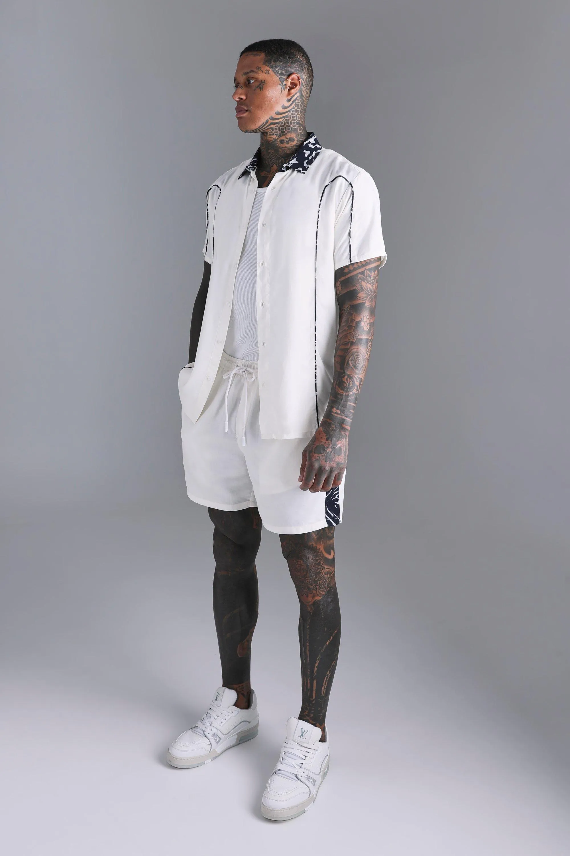 Short Sleeve Viscose Collar Detail Shirt & Short | boohooMAN UK