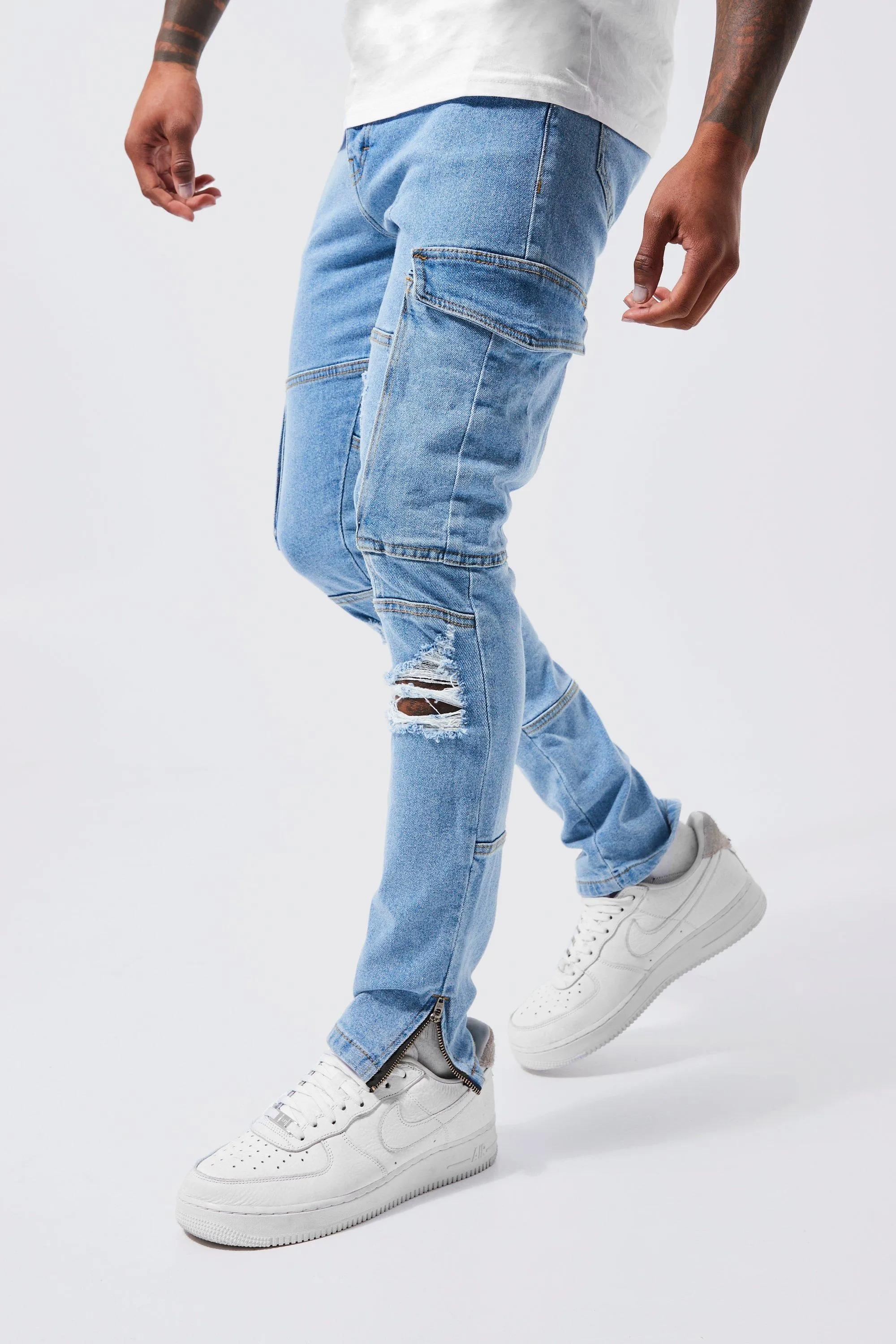 Skinny Stretch Cargo Jeans With Zip Cuff