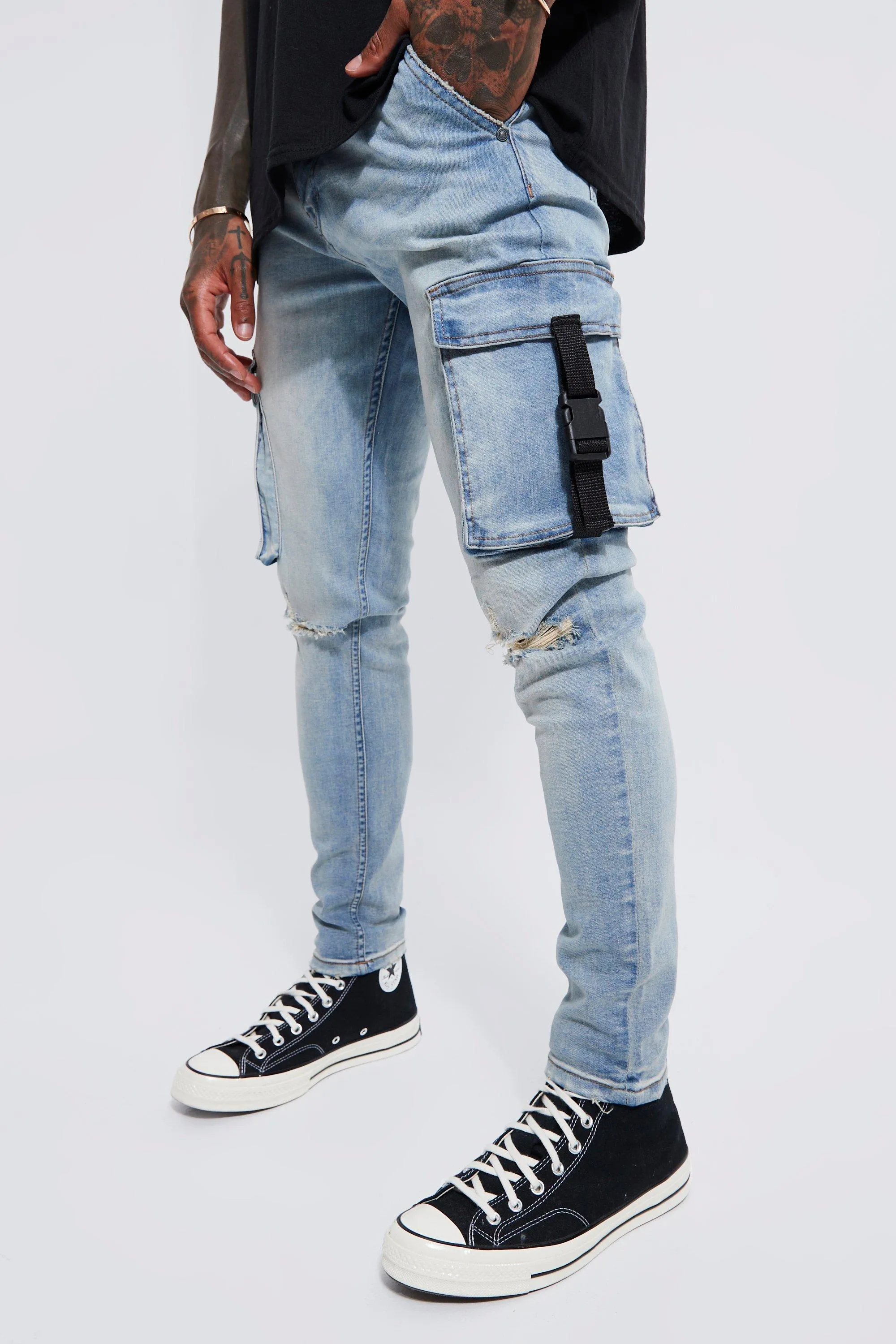 Skinny Stretch Ripped Cargo Buckle Jeans