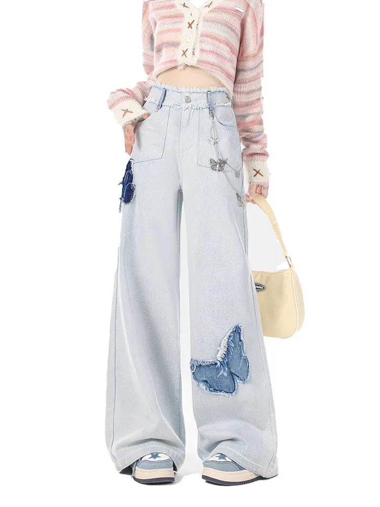 Summer light blue wide leg butterfly jeans for women 2024 new thin women's high waist loose pants for small people