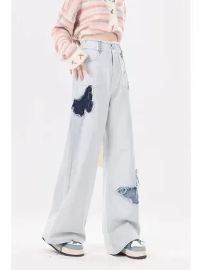 Summer light blue wide leg butterfly jeans for women 2024 new thin women's high waist loose pants for small people