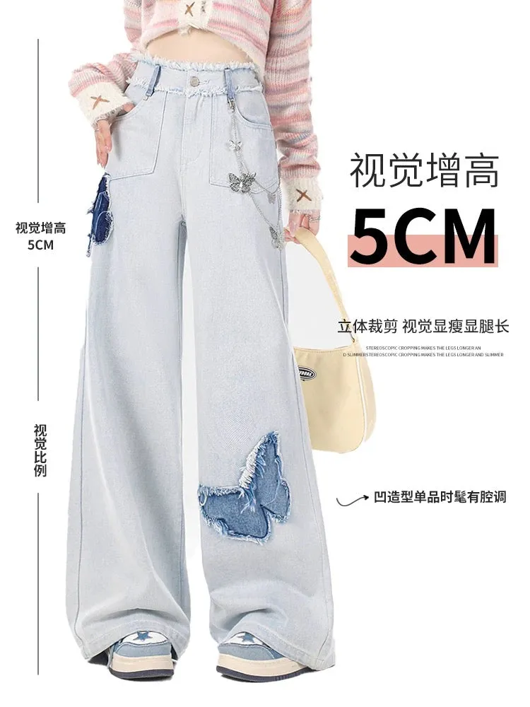 Summer light blue wide leg butterfly jeans for women 2024 new thin women's high waist loose pants for small people