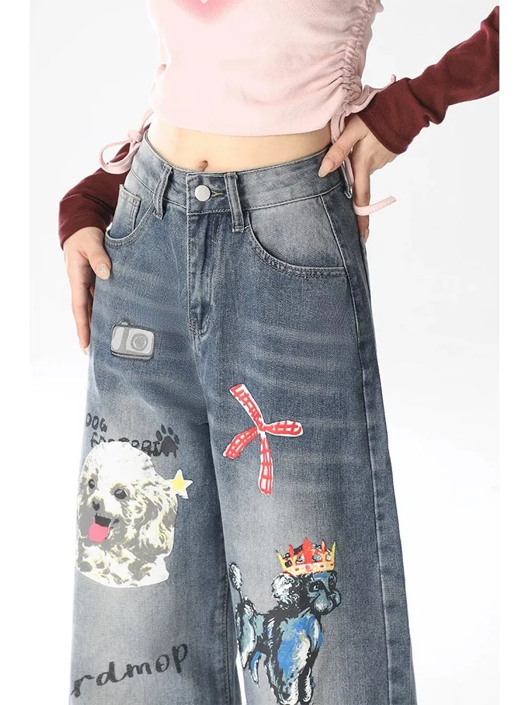 Summer puppy jeans for women spring and autumn 2024 new design niche loose straight casual wide leg pants