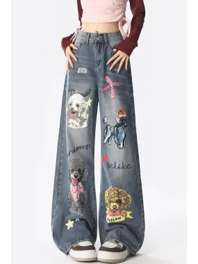 Summer puppy jeans for women spring and autumn 2024 new design niche loose straight casual wide leg pants