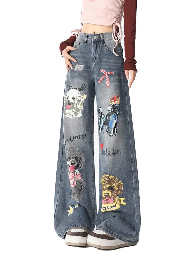 Summer puppy jeans for women spring and autumn 2024 new design niche loose straight casual wide leg pants