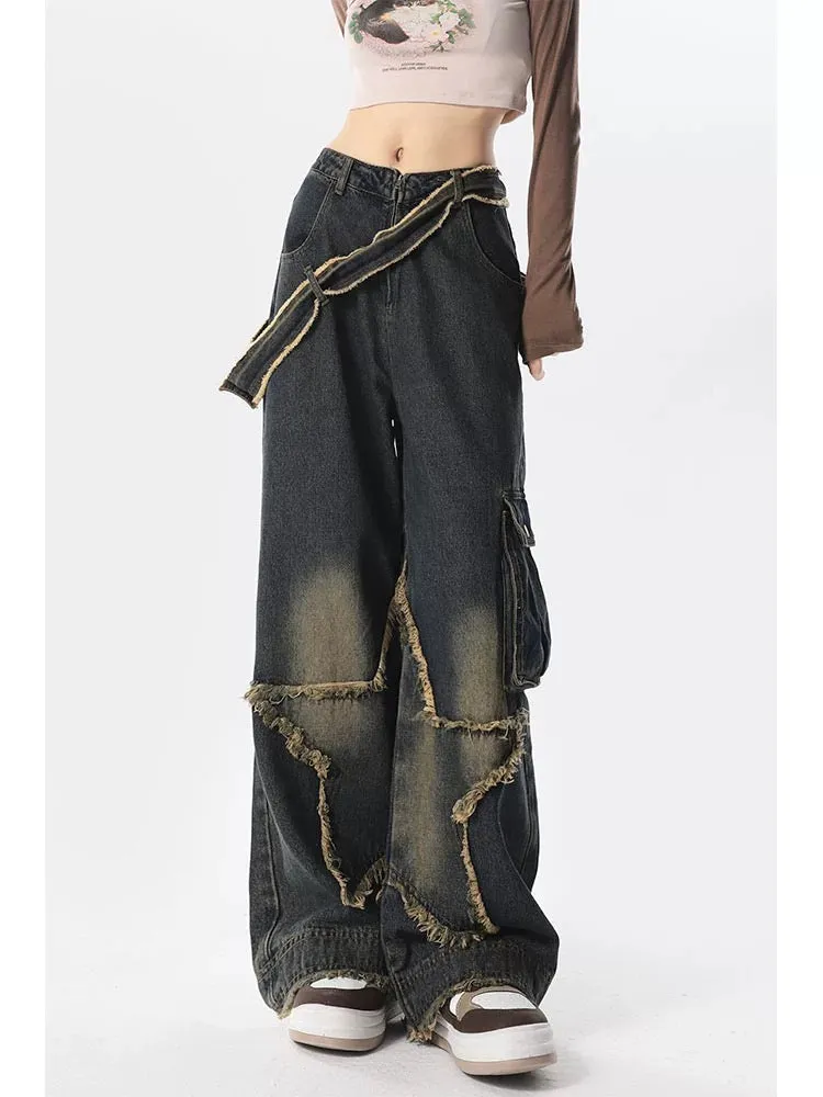 Summer star work jeans for women, American retro design, high-waisted, loose, straight, casual wide-leg long pants