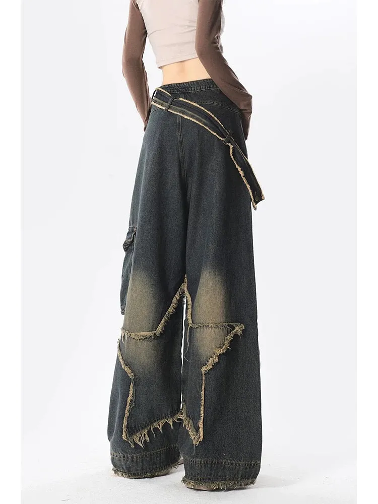 Summer star work jeans for women, American retro design, high-waisted, loose, straight, casual wide-leg long pants