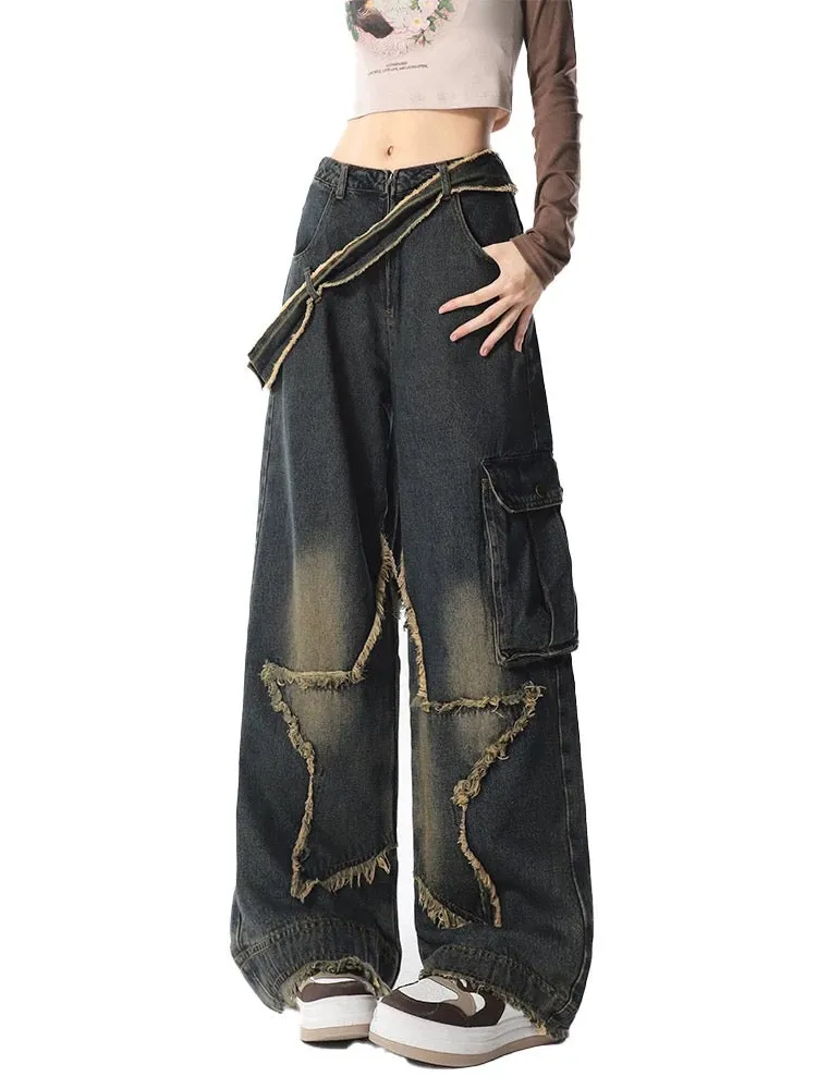 Summer star work jeans for women, American retro design, high-waisted, loose, straight, casual wide-leg long pants