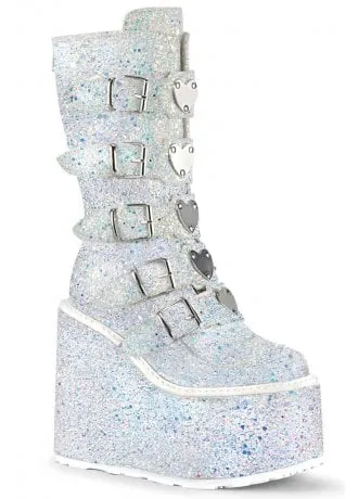 Swing 230G UV Reactive White Glitter Heart Platform Boot