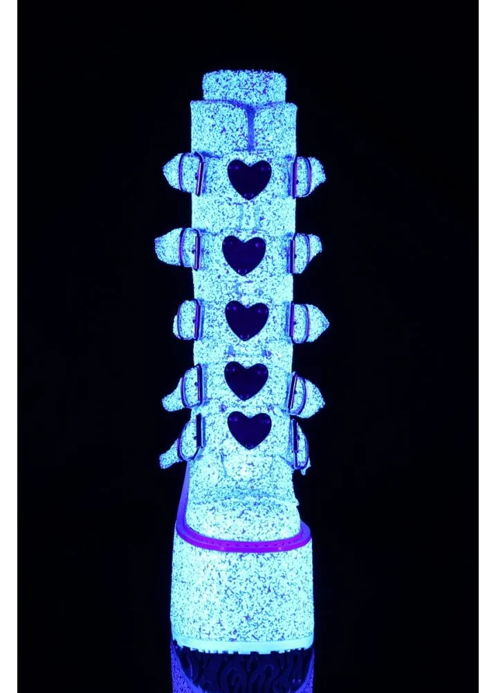 Swing 230G UV Reactive White Glitter Heart Platform Boot