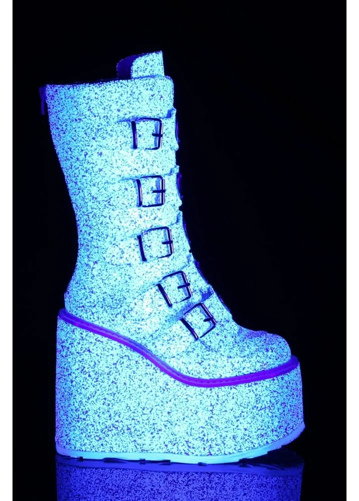 Swing 230G UV Reactive White Glitter Heart Platform Boot