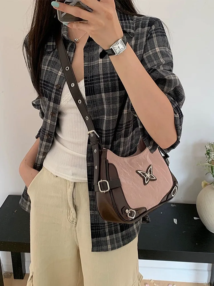 SYOUR 2024 New American Retro Butterfly Contrast Color Rivet Motorcycle Niche Commuting Textured Single Shoulder Crossbody Bag