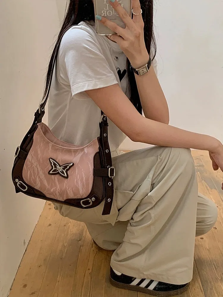 SYOUR 2024 New American Retro Butterfly Contrast Color Rivet Motorcycle Niche Commuting Textured Single Shoulder Crossbody Bag