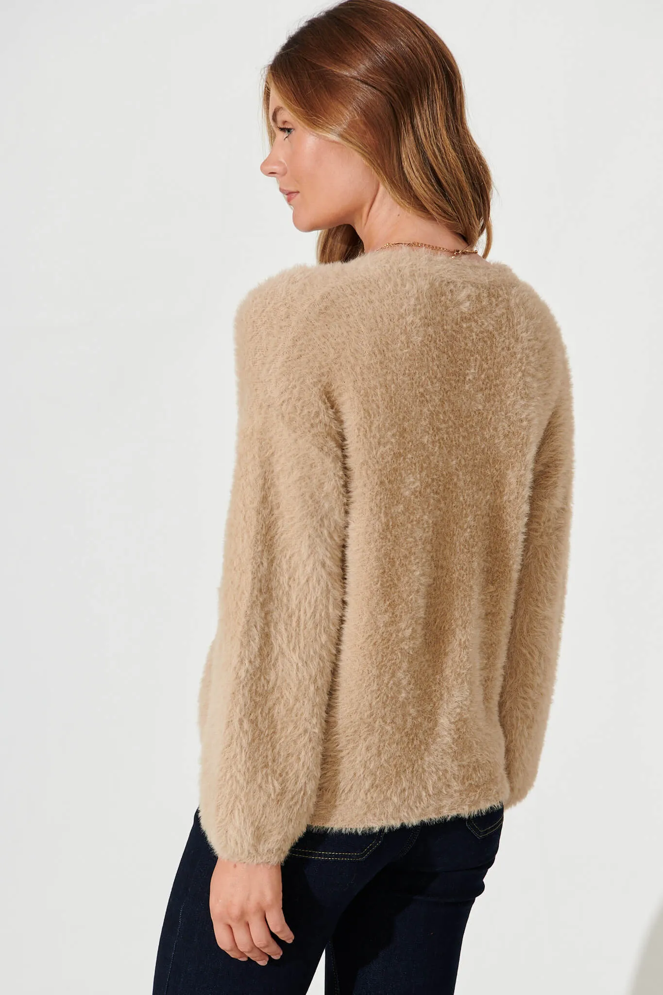 Timeout Fluffy Knit Cardigan In Camel Wool Blend