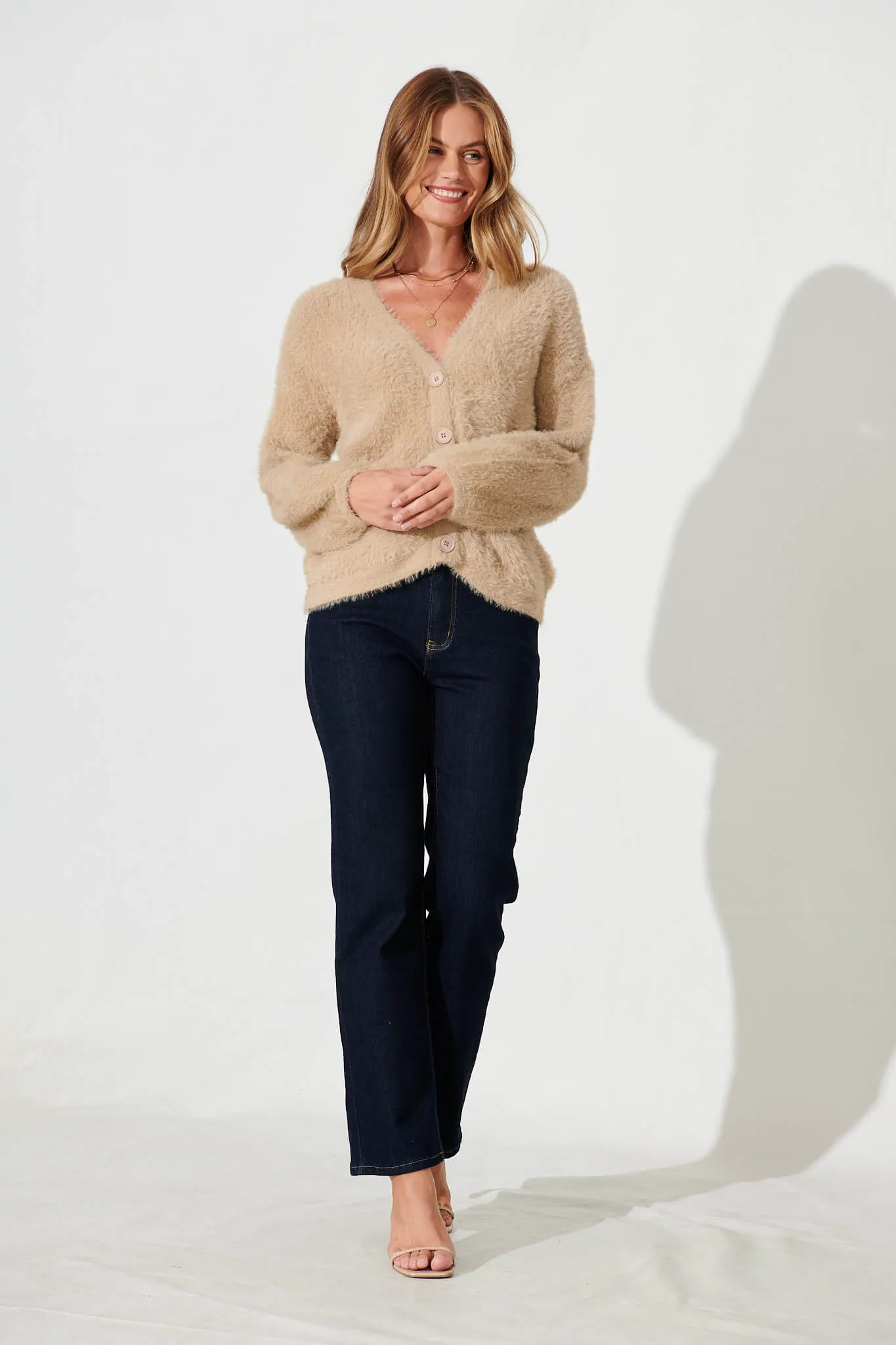 Timeout Fluffy Knit Cardigan In Camel Wool Blend