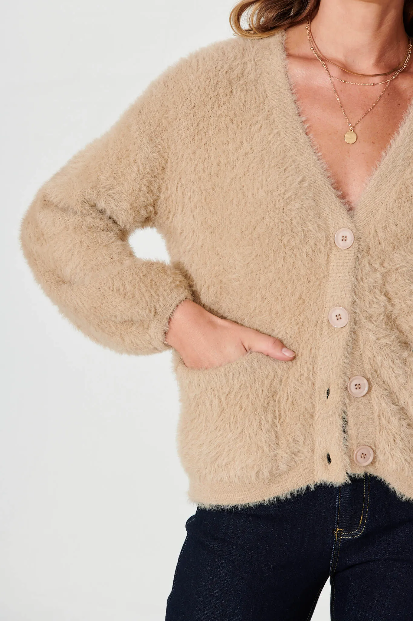 Timeout Fluffy Knit Cardigan In Camel Wool Blend