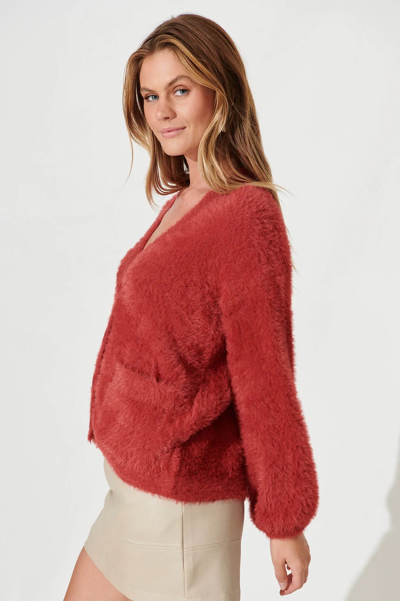 Timeout Fluffy Knit Cardigan In Red Wool Blend