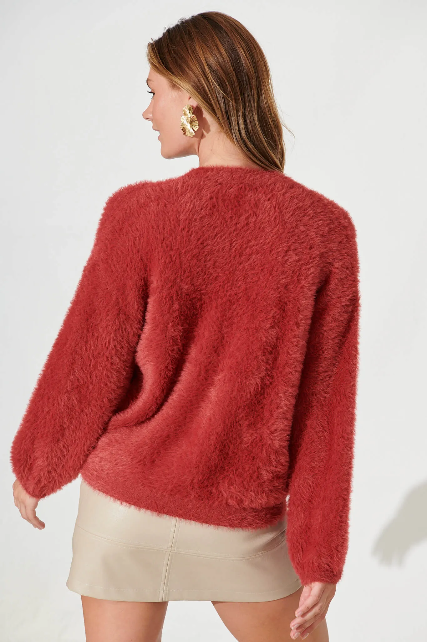 Timeout Fluffy Knit Cardigan In Red Wool Blend