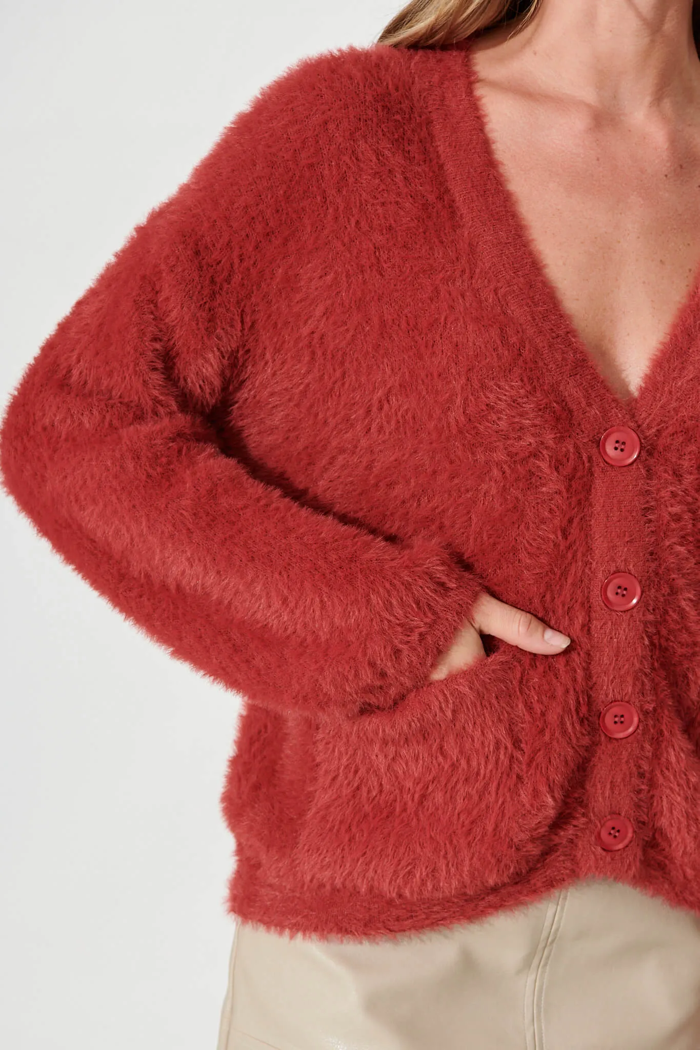 Timeout Fluffy Knit Cardigan In Red Wool Blend