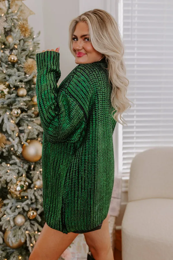 Toasty Times Metallic Knit Cardigan In Green