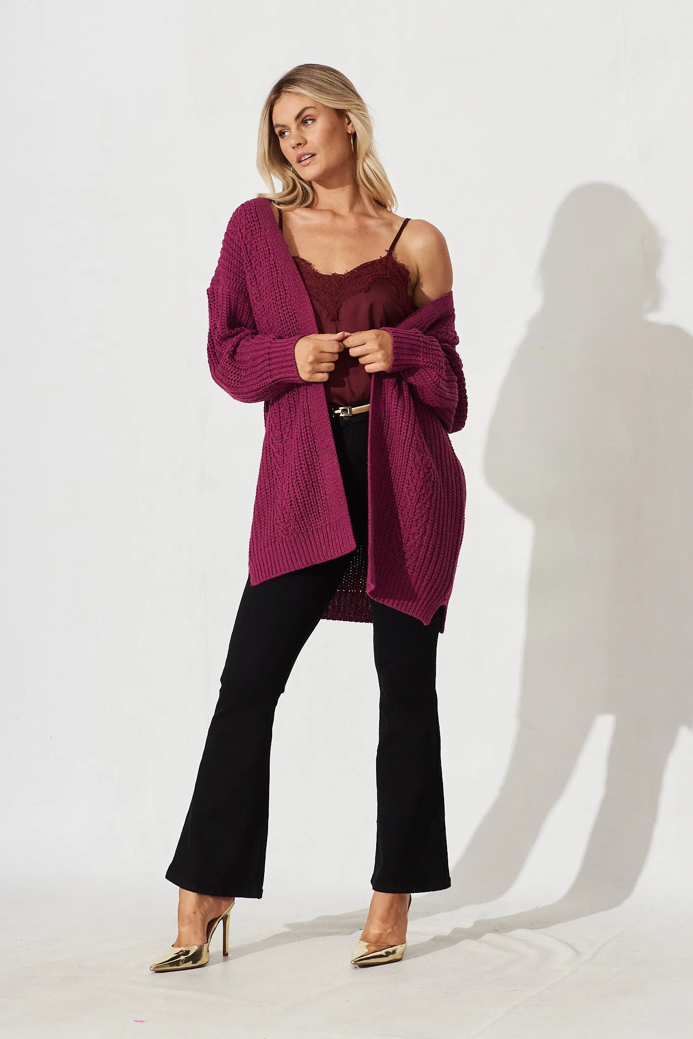 Turin Knit Cardigan In Plum Cotton Blend