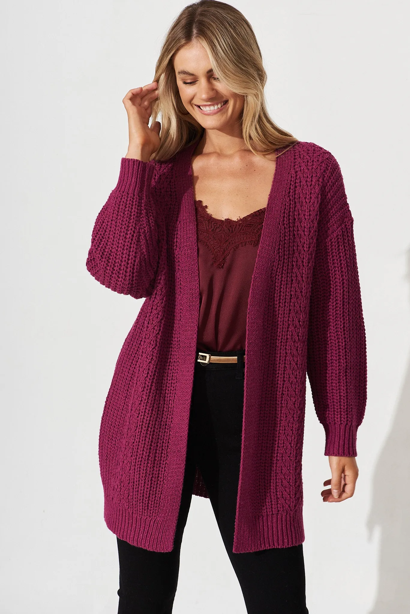 Turin Knit Cardigan In Plum Cotton Blend