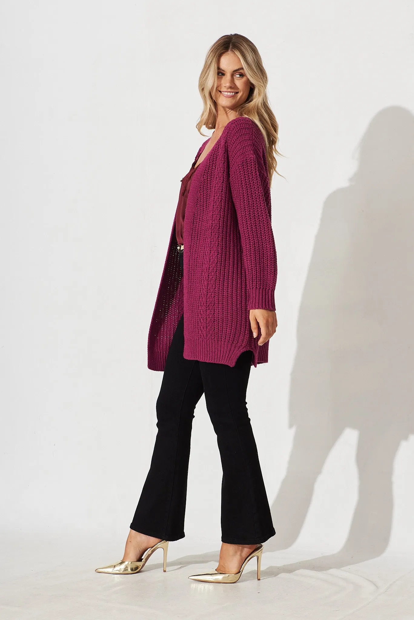 Turin Knit Cardigan In Plum Cotton Blend