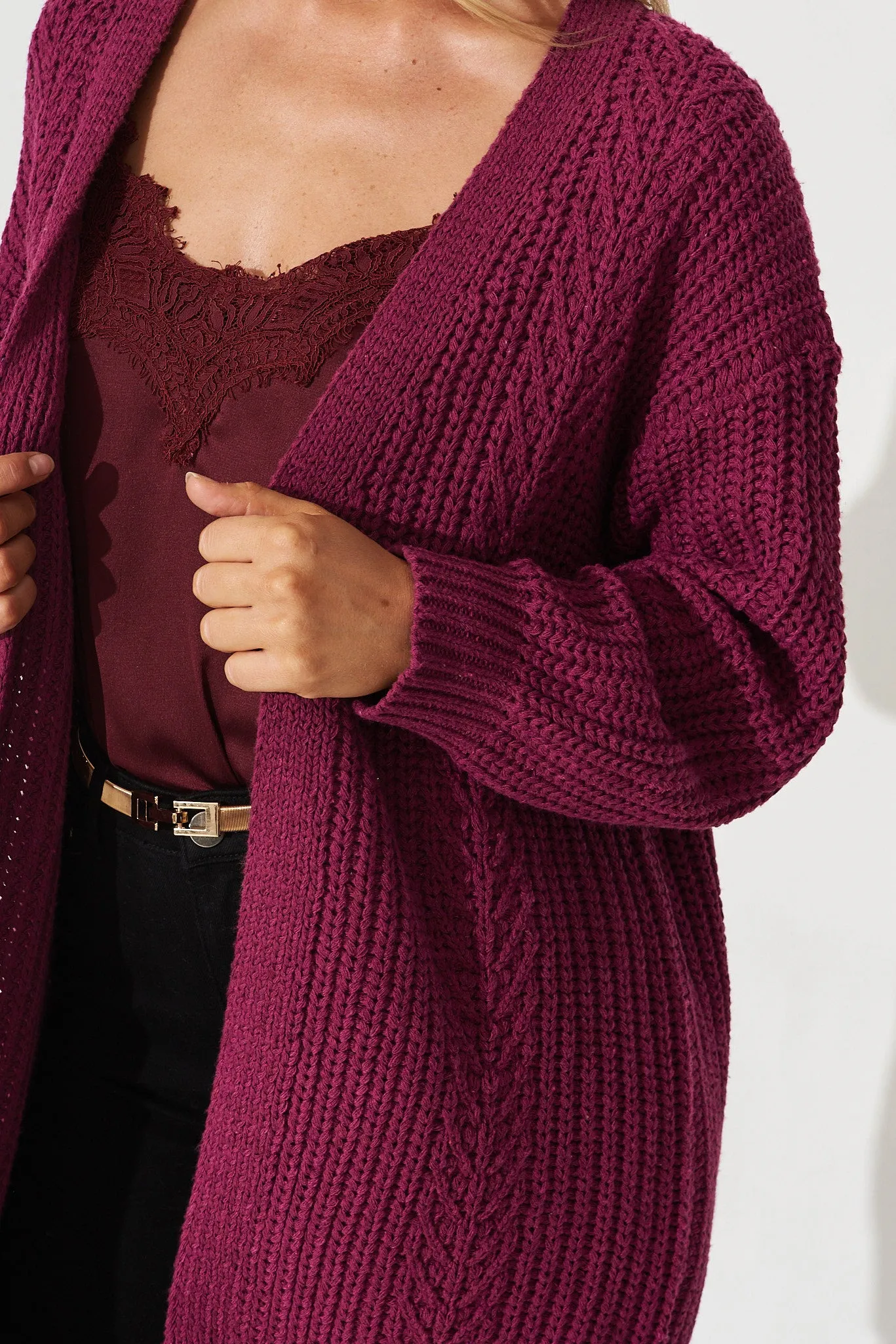 Turin Knit Cardigan In Plum Cotton Blend