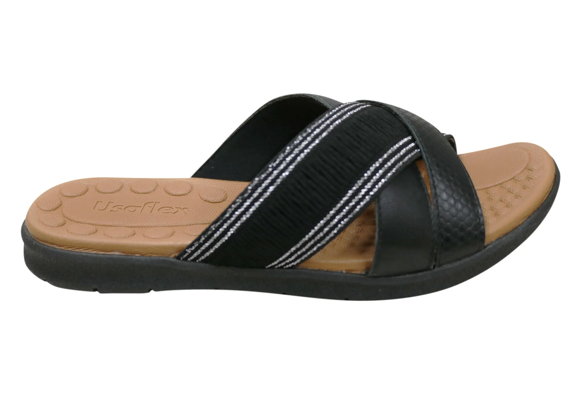 Usaflex Crescent Womens Comfort Leather Slides Sandals Made In Brazil