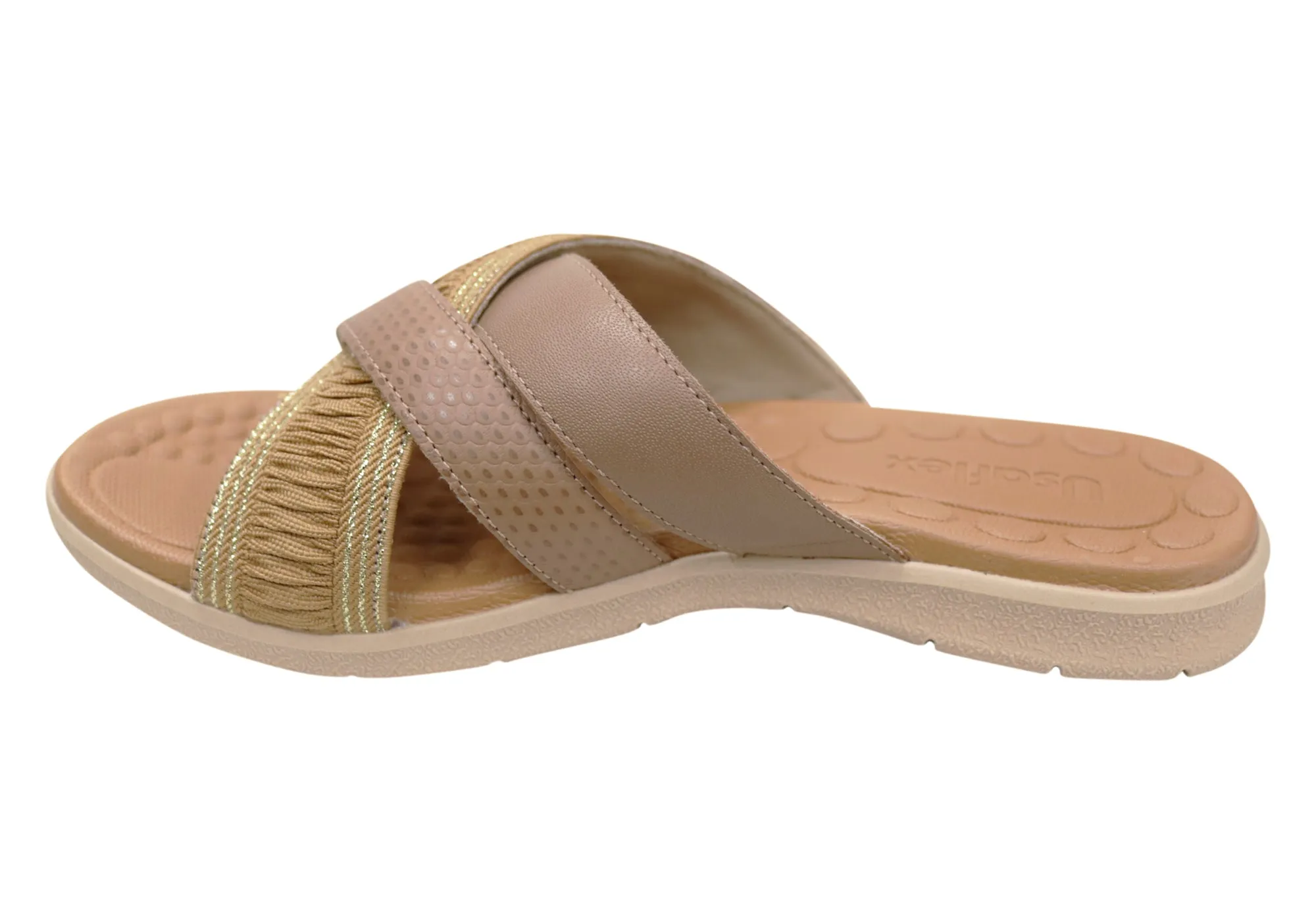 Usaflex Crescent Womens Comfort Leather Slides Sandals Made In Brazil