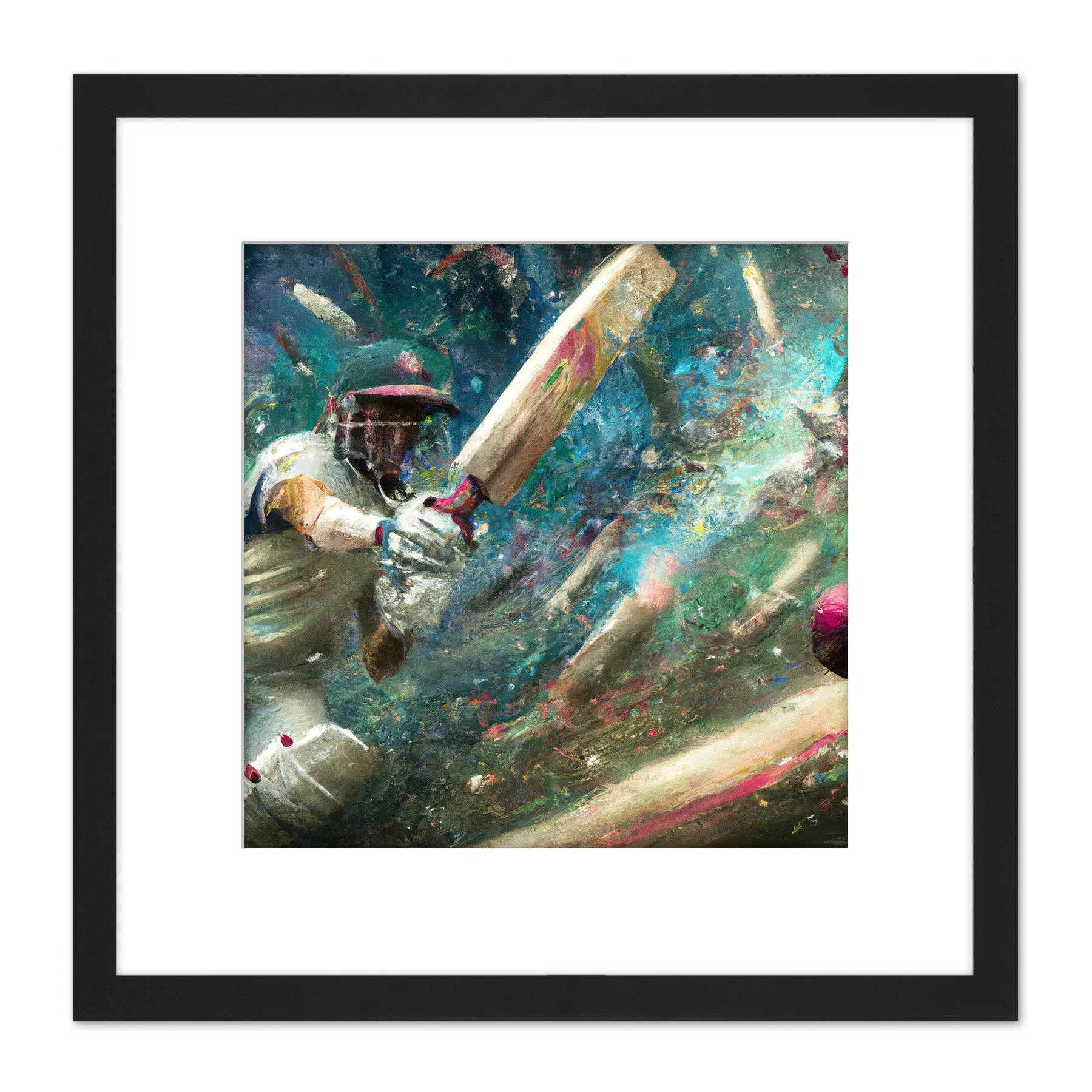 Wall Art & Pictures | Action Cricket Sports in Motion Batsman Splatter Oil Painting Square Wooden Framed Wall Art Print Pict