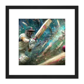 Wall Art & Pictures | Action Cricket Sports in Motion Batsman Splatter Oil Painting Square Wooden Framed Wall Art Print Pict