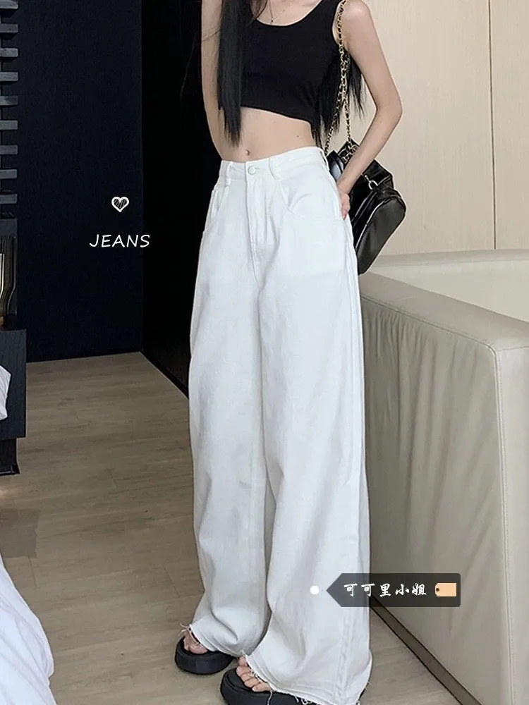 White jeans women's autumn Korean version 2024 new tear-edge design high-waist slim wide-leg straight floor-length pants