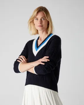 Women's Cable Cricket Cashmere Jumper Navy Blue