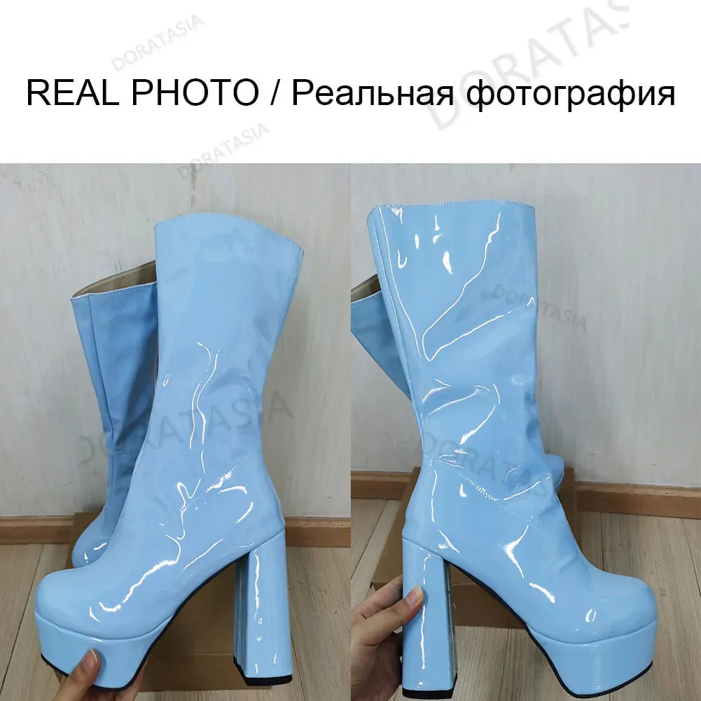 Women's Sexy Blue Color Platform Square Heel Mid-Calf Boot Shoes