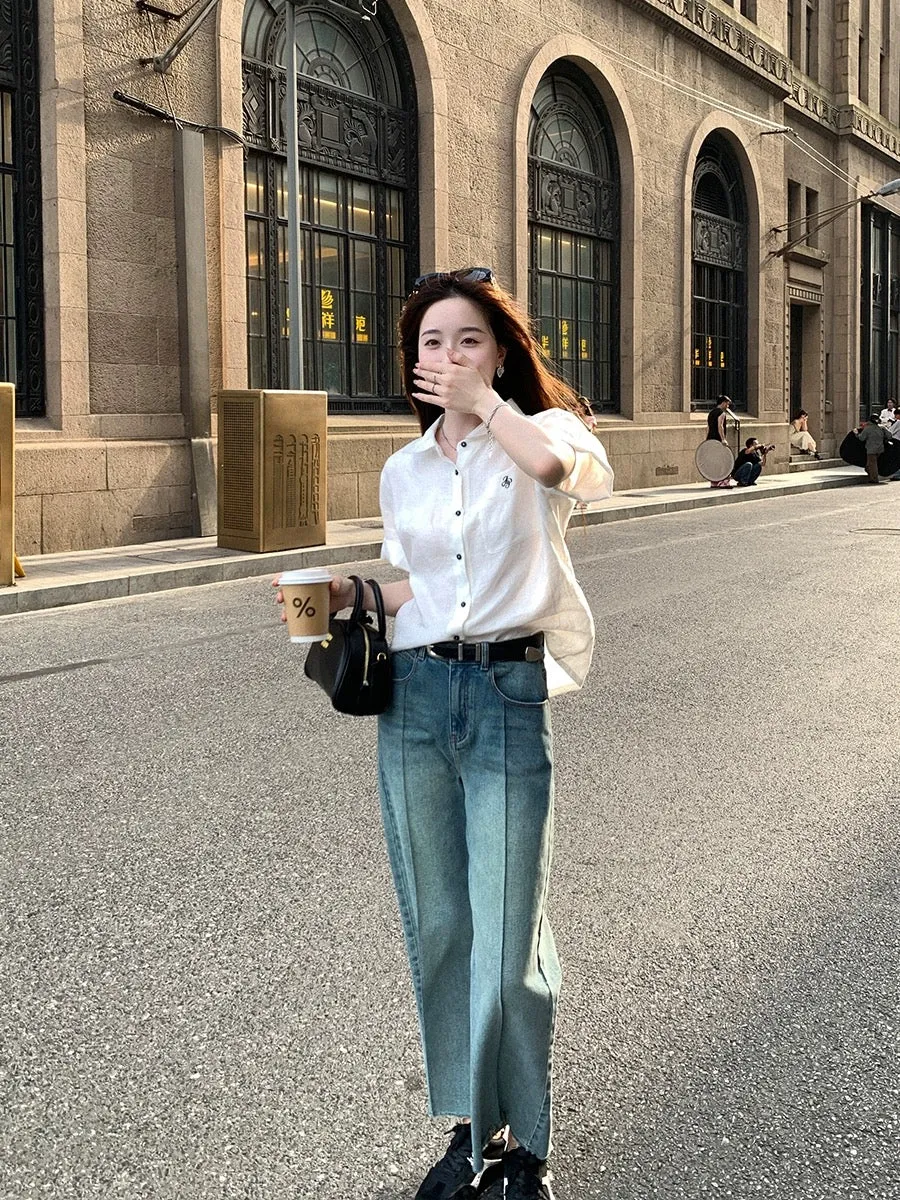 Xia Shiwen Faded Memory Washed White Raw Edge Retro Jeans Straight Seam Design Straight Leg Nine-Point Pants Women