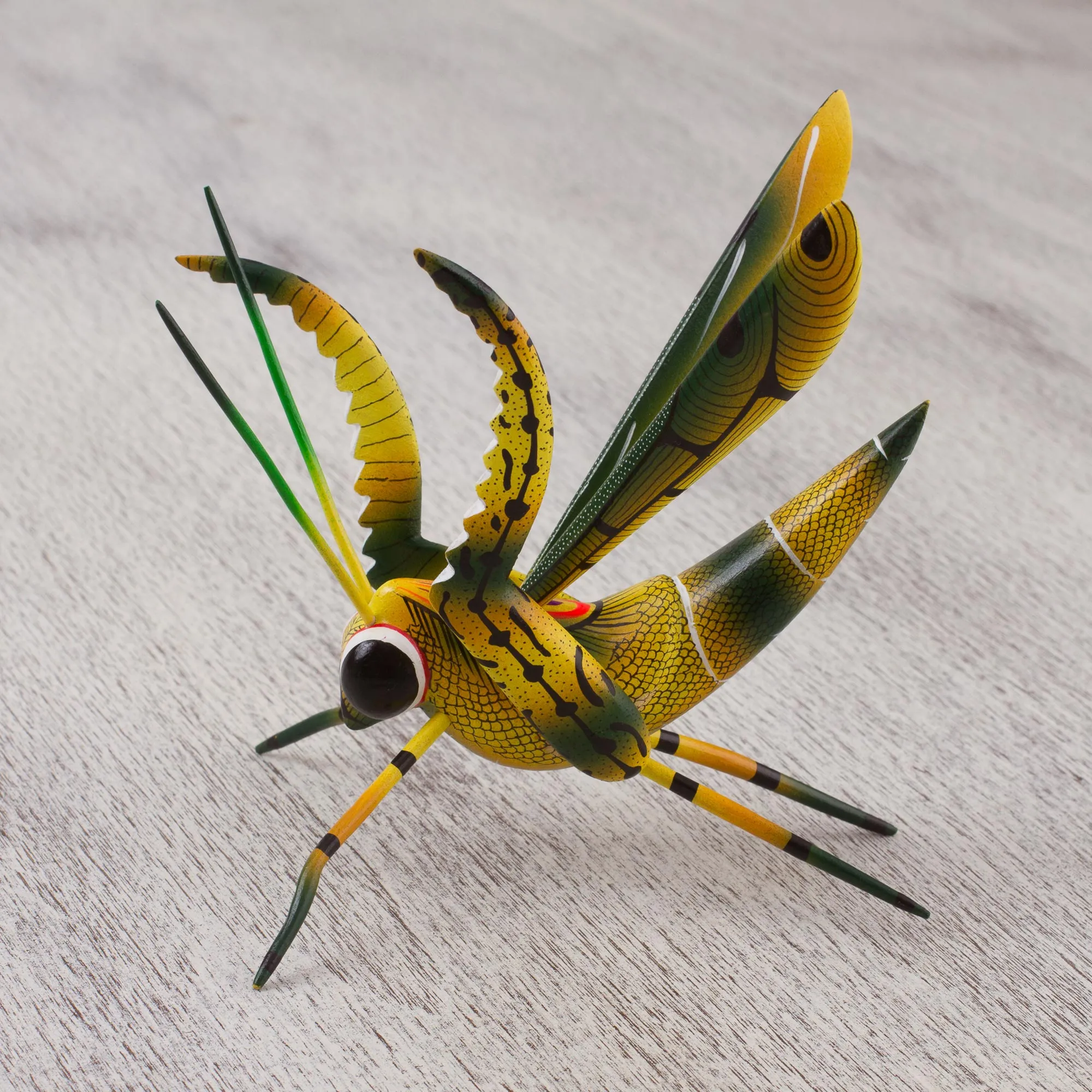 Yellow Good Luck Cricket Wood Alebrije Cricket Sculpture in Yellow from Mexico