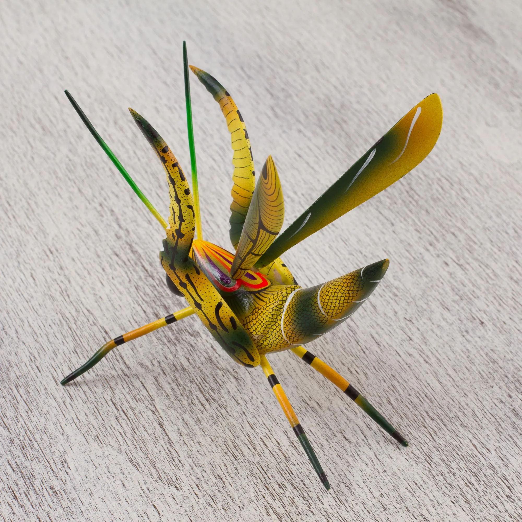 Yellow Good Luck Cricket Wood Alebrije Cricket Sculpture in Yellow from Mexico